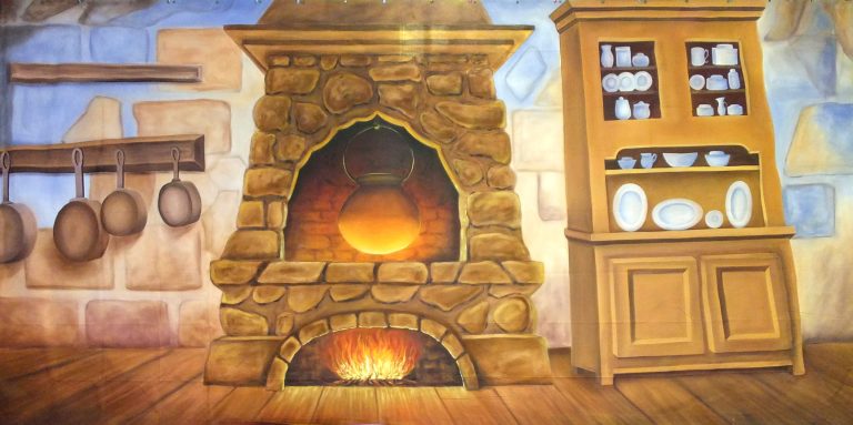 Cozy kitchen mural showing a stone fireplace with a warm fire and hanging pots on the left, and a wooden cabinet with dishes on the right.