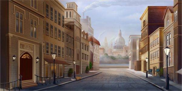 Sunlit city street with tall brick buildings, lamp posts, and storefronts; distant domed capitol and smokestacks on the skyline.
