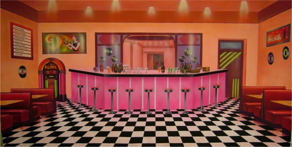 Retro diner interior with a pink curved bar, checkered black-and-white floor, and orange walls; stools line the counter.