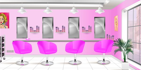 Bright pink beauty salon interior with four styling stations, silver mirrors, and pink chairs lined up at a counter.