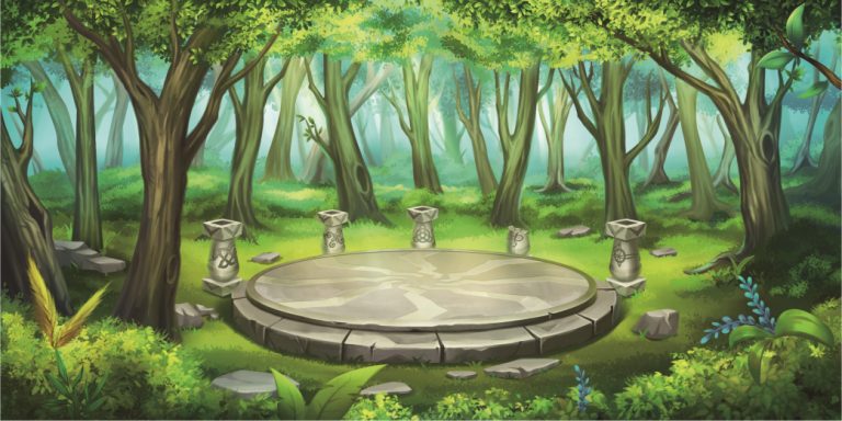 Fantasy forest clearing with a circular stone platform and four carved pillars among tall trees.