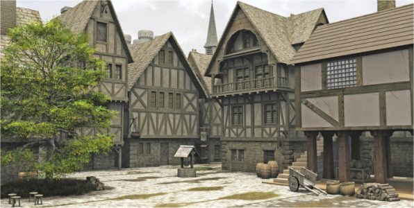 Cobblestone town square framed by timber-framed houses, a leafy tree, and a wooden wagon in a medieval village setting.