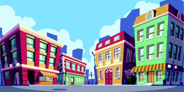 Colorful cartoon city street with tall, quirky buildings, bright colors, and a blue sky.