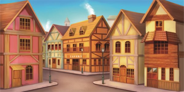 Colorful timber-framed houses line a sunny village street; a tavern sits at the center under a blue sky.