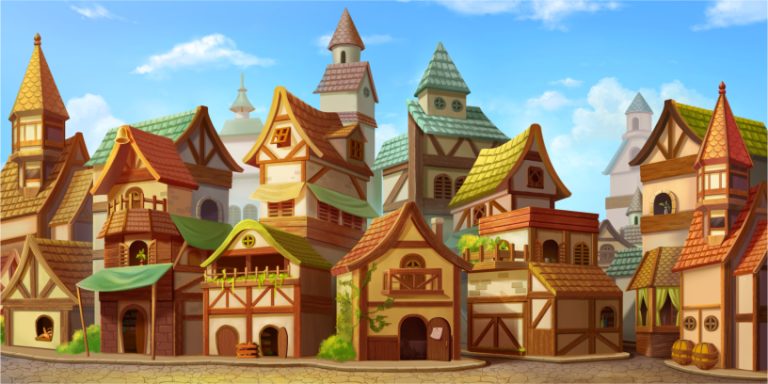 Whimsical village of colorful timber-framed houses with steep roofs along a cobblestone street.