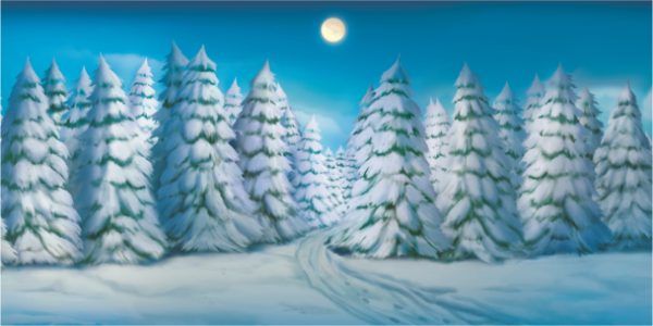 Moonlit winter forest with snow-covered pine trees lining a winding path.
