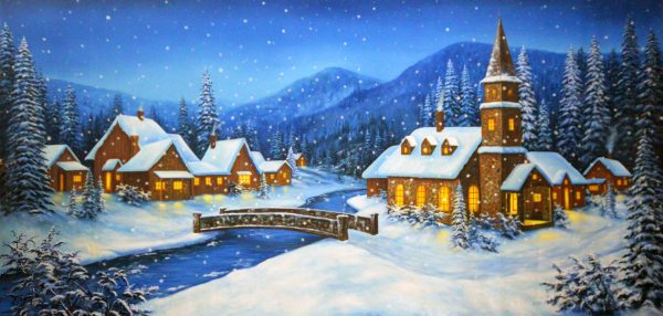 Snowy village at night with warmly lit windows, a stone bridge over a river, and a tall church among snow-covered pine trees on a winter landscape.
