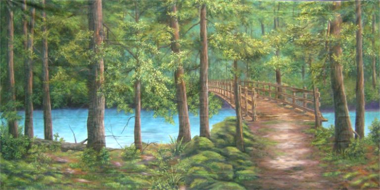 Painting of a forest path leading to a wooden footbridge over a calm blue lake.
