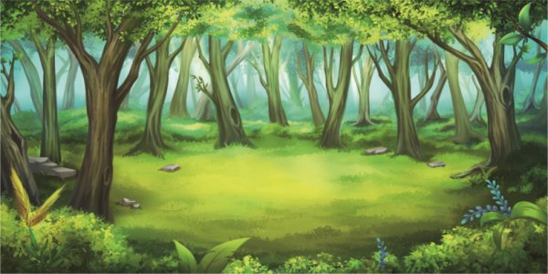 Cartoon forest clearing with sunlit grass, surrounded by tall trees and green undergrowth.