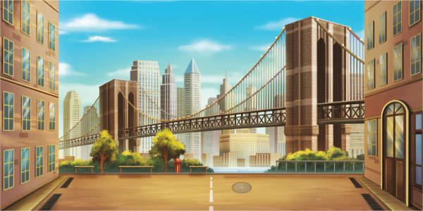 City skyline with a large suspension bridge spanning a river, viewed from a street with brick buildings and trees in the foreground.