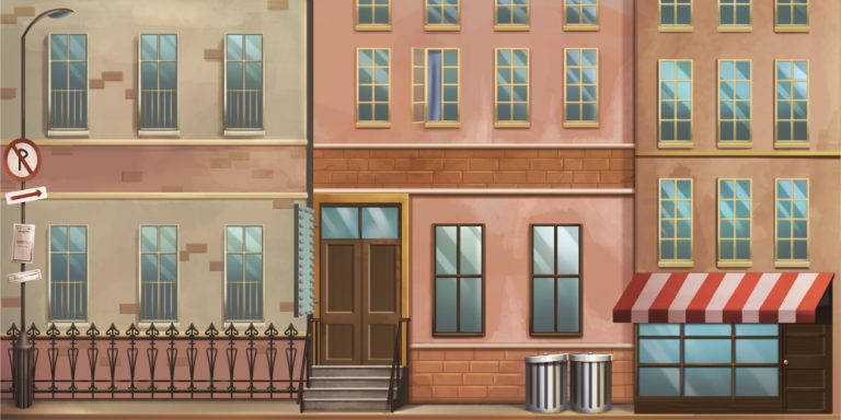 City street with three colorful buildings, a brown door, storefront with red-and-white striped awning, and metal trash cans on the sidewalk.