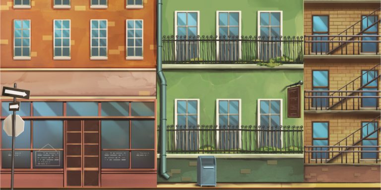Three colorful urban facades along a sidewalk: orange storefront on the left, a green residential building with wrought-iron balconies in the center, and a tan brick building with a fire-escape on the right, plus a blue mailbox on the curb.