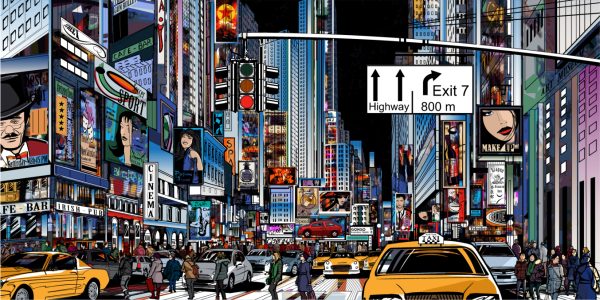 Bustling city street with bright billboards, tall buildings, pedestrians, and yellow taxis at a busy intersection.