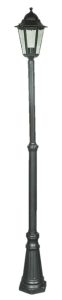 Tall vintage-style black street lamp with a lantern at the top and a tapered post.",
