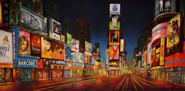 Nighttime city street lined with towering, colorful billboards and neon signs.