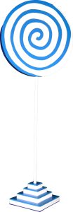 Blue and white spiral lollipop atop a tall white stick with a stepped blue-and-white square pedestal (decorative display)