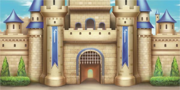 Cartoon medieval castle with tall cylindrical towers, blue-tiled roofs, and a large arched gate at center.
