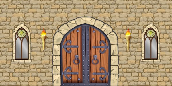 Stone castle wall with a large arched wooden door reinforced by iron hinges and rivets, flanked by torches.