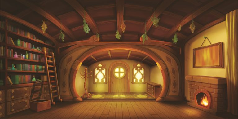 Cozy fantasy attic with wooden beams, a ladder and tall bookcase on the left, hanging herbs and warm light from a rounded doorway center stage.