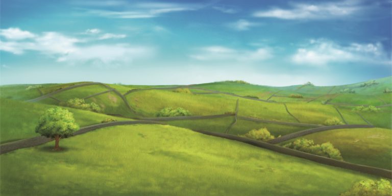 Wide green countryside of rolling hills under a blue sky with scattered clouds and stone walls winding through the fields.