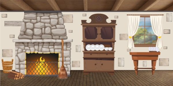 Rustic living area showing a stone fireplace with a warm fire, a broom and basket nearby, a tall wooden dish cabinet, and a table by a window with curtains.