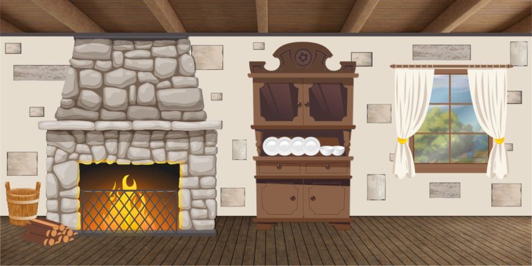 Cozy rustic living room with a stone fireplace, fire burning behind a grate, and a wooden china cabinet nearby.
