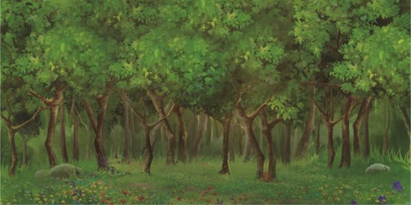 Dense forest scene with twisting trunks, lush green canopy, and a colorful meadow of wildflowers in the foreground.
