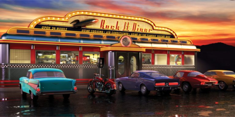 Retro neon-lit diner 'Rock It Diner' at sunset with classic cars parked outside and a motorcycle in front.