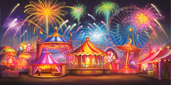 Colorful carnival at night with tents, rides, and fireworks lighting up the sky.