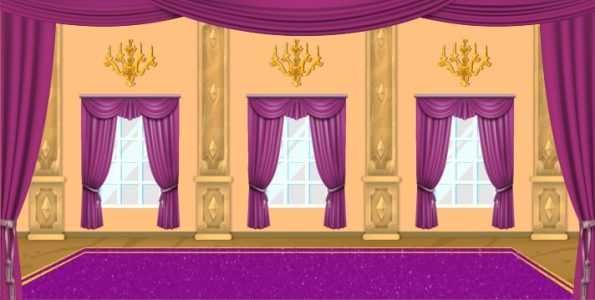 Theater stage interior with purple curtains, three window alcoves, gold columns, and a purple carpet on the floor.