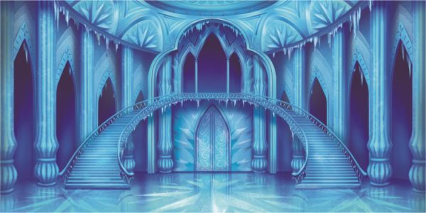 Ice palace interior with tall arches, ornate columns, and two symmetrical curved staircases meeting in a semicircle around a central doorway in cool blue tones.