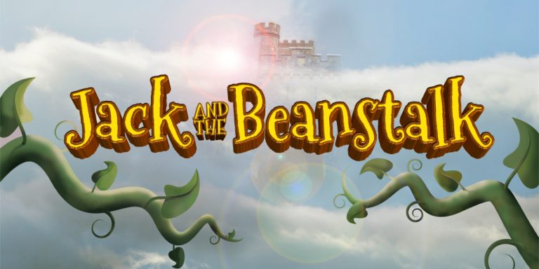 Colorful banner with the title 'Jack and the Beanstalk' and twisting green beanstalks against a cloudy sky and a distant castle in the clouds, in a fantasy style.