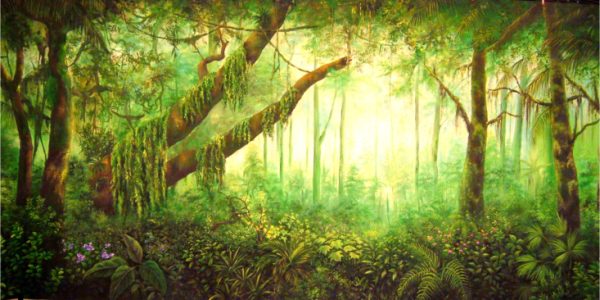 Sunlit tropical rainforest with tall trees, hanging vines, and dense undergrowth in a lush green scene.