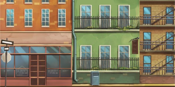 Colorful city street: an orange storefront on the left, green residential blocks with iron balconies in the center, and a brick building with external stairs on the right; mailbox on the sidewalk.