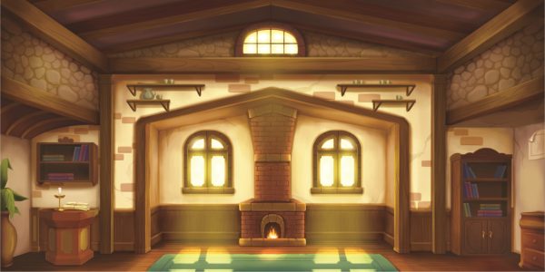 Cozy living room with a brick fireplace, arched windows, and wooden shelves on both sides.