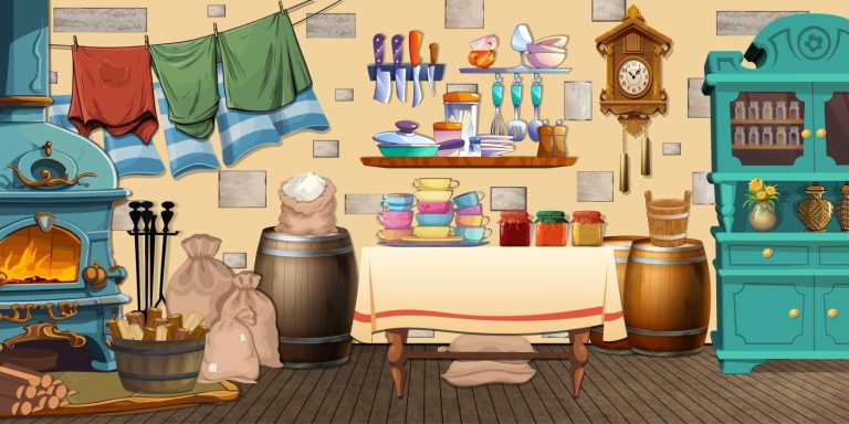 Cozy rustic kitchen/pantry scene with a blue wood stove, drying clothes, hanging knives, shelves of dishes, a clock, turquoise cabinet, table with a striped cloth, barrels, sacks of flour, and jars of preserves laid out.