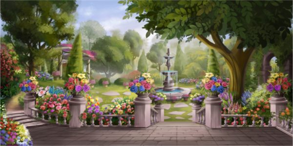 Colorful formal garden with stone urns of flowers, a central fountain, and a tree-lined path.