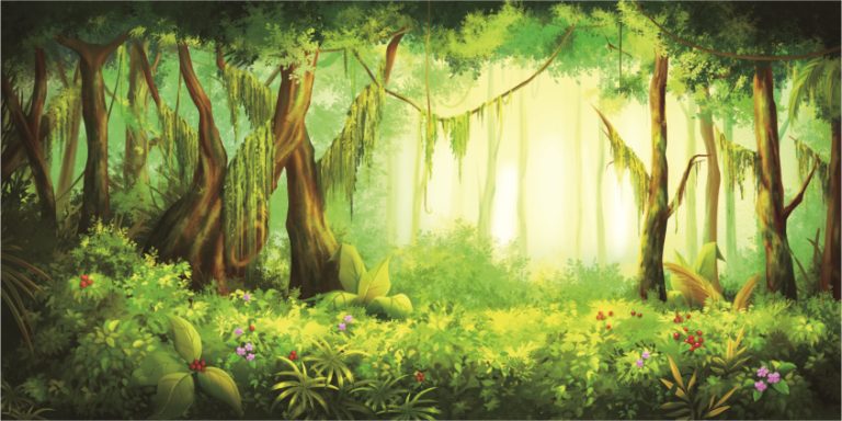 Sunlit tropical rainforest with tall trees, hanging vines, and a lush, flowering undergrowth bathed in warm light.