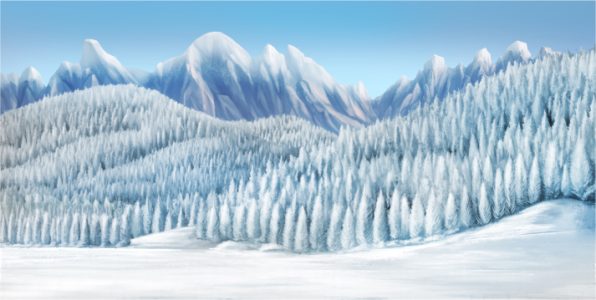 Snow-covered pine forest with a snowy hillside and distant mountains under a clear blue sky.