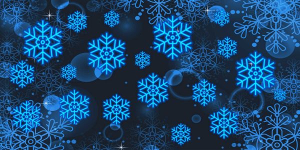 Blue neon snowflakes float against a dark blue background, creating a festive winter pattern.