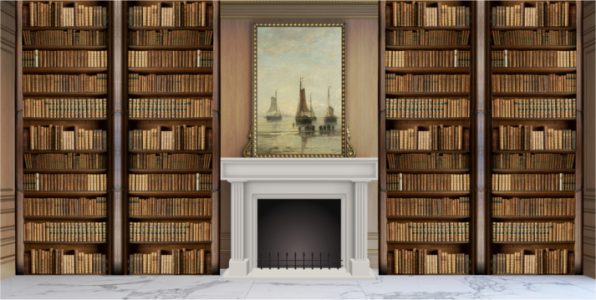 Library with tall wooden bookshelves surrounding a white fireplace and a painting of ships above the mantel in the center of the room.