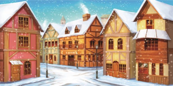 Snowy village street with colorful timber-framed houses and smoke curling from chimneys, centered on a tavern sign.