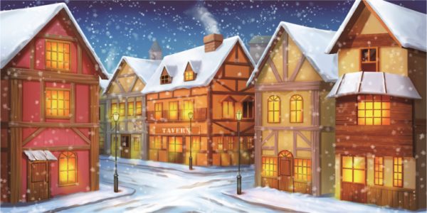 Snow-covered village street at night with warm-lit timber-framed houses and a tavern in the center.