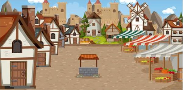 Illustration of a medieval village square with half-timbered houses, market stalls, a windmill, and a distant castle.