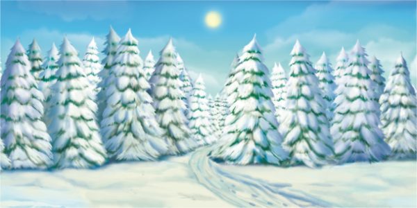 Illustrated winter forest with snow-covered evergreens and a winding path under a sunny sky.