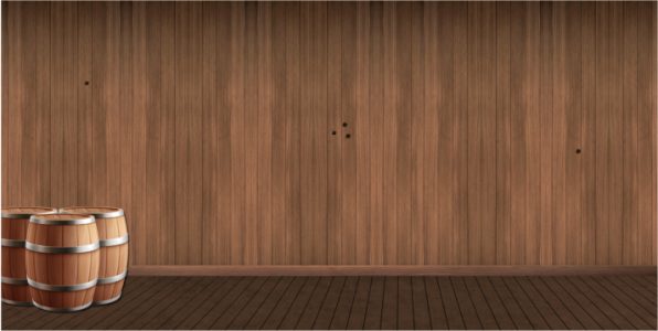 Three wooden beer or whiskey barrels stacked in the corner of a wood-paneled storage room.