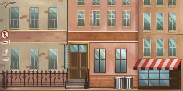 Urban street scene with a row of colored buildings, balconies, and a storefront with a red striped awning on the right.