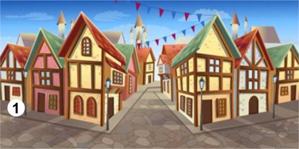 Colorful cartoon village street with timber-framed houses and bunting under a sunny sky.
