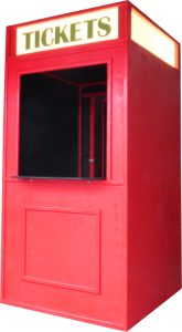 Red ticket booth with a large service window and a prominent 'TICKETS' sign at the top.
