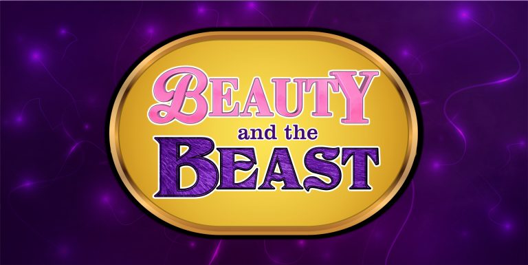 Logo-style gold medallion with pink 'Beauty' and purple 'Beast' text reading 'Beauty and the Beast' on a purple abstract background.